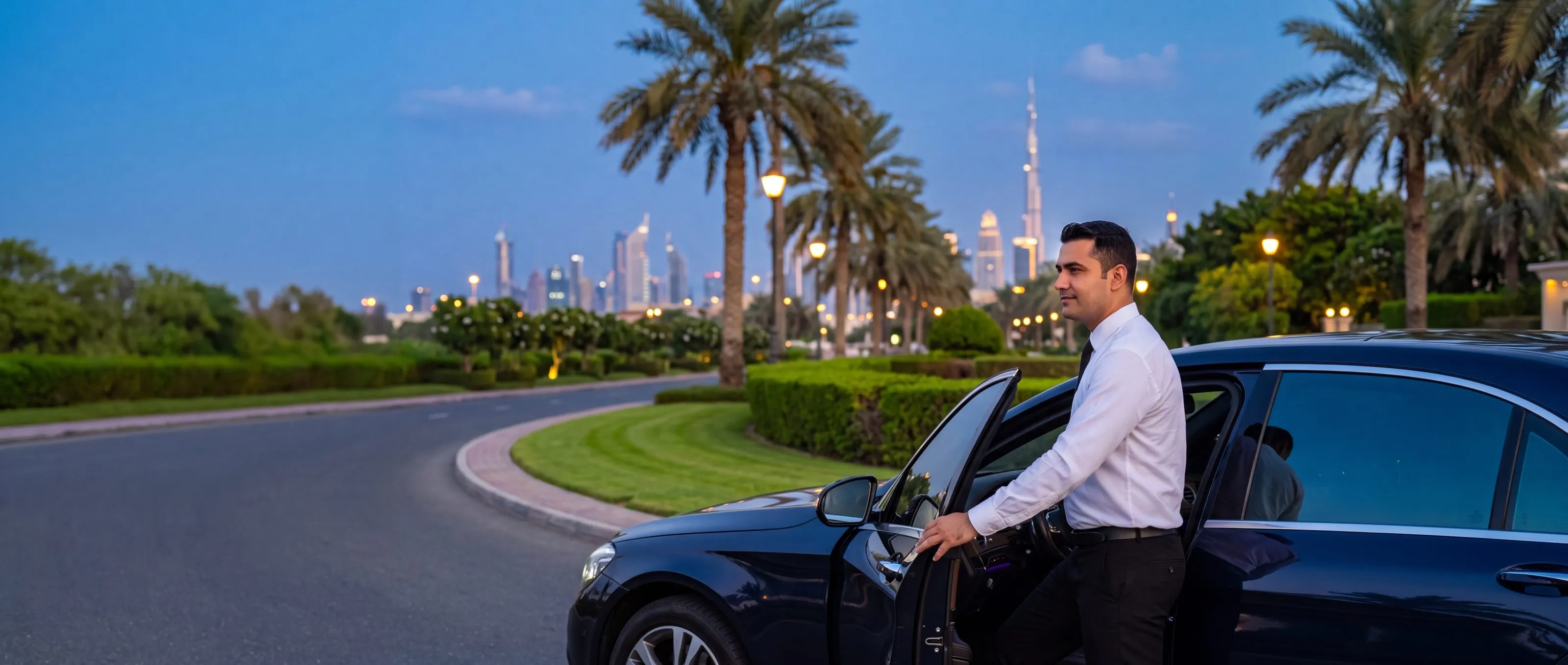Comfort Drive driver at the open driver's door of a client's car on a palm-lined Dubai road at dusk, with the Burj Khalifa and city skyline behind