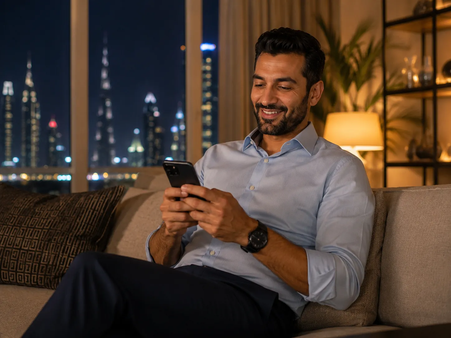 Customer relaxing at home in Dubai messaging Comfort Drive on WhatsApp to request a driver